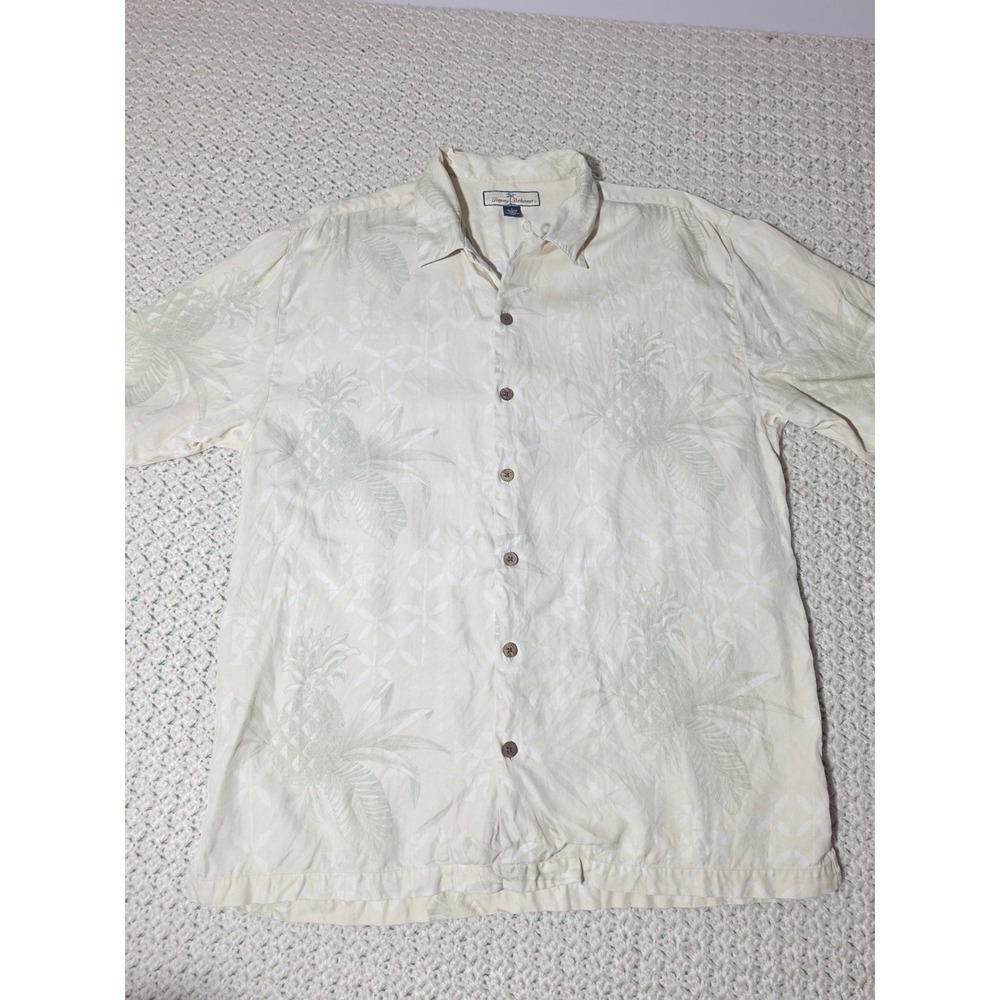 Tommy Bahama Shirt Mens L Cream Excellent Silk Pineapple Tropical Camp Button